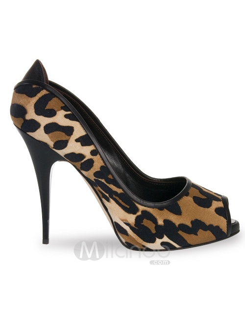 High Heel Leopard Peep Toe Canvas Sexy Shoes--milanoo