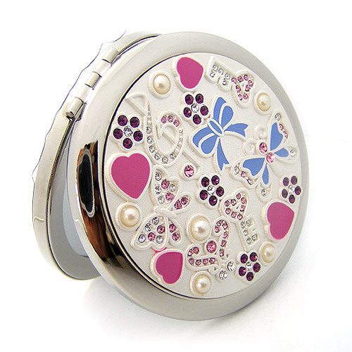 Silver Romantic Pocket Compact Makeup Mirror Elegant Round Bejeweled1