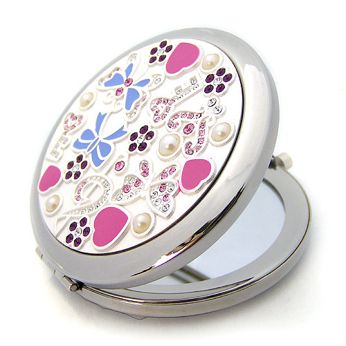 Silver Romantic Pocket Compact Makeup Mirror Elegant Round Bejeweled2