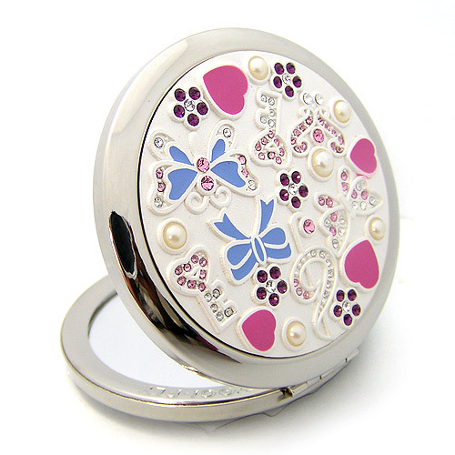 Silver Romantic Pocket Compact Makeup Mirror Elegant Round Bejeweled3