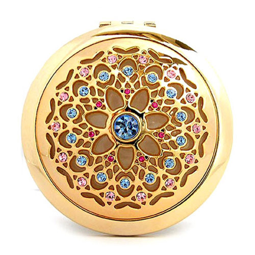 Gold Diamond Pocket Compact Makeup Mirror Elegant Round Bejeweled2