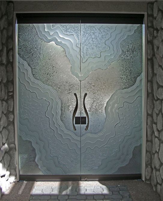 etched decorative architectural art glass frameless door metamorphosis