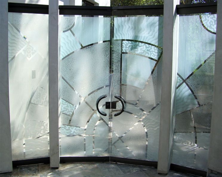 etched decorative architectural art glass frameless door geometric matrix