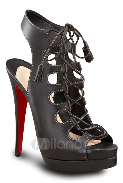5-High-Heel-Black-Front-Tie-Cowhide-Sexy-Sandals-14071-1