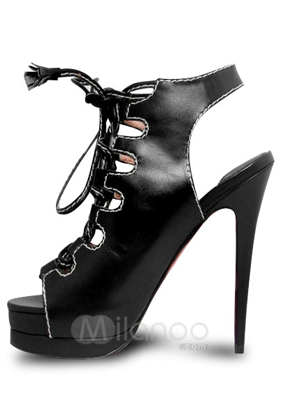 5-High-Heel-Black-Front-Tie-Cowhide-Sexy-Sandals-14071-2
