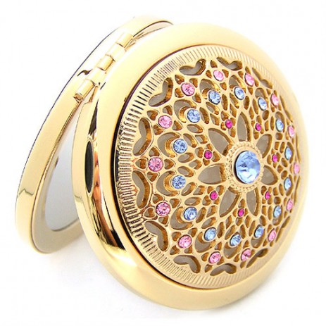 Gold Diamond Pocket Compact Makeup Mirror Elegant Round Bejeweled1